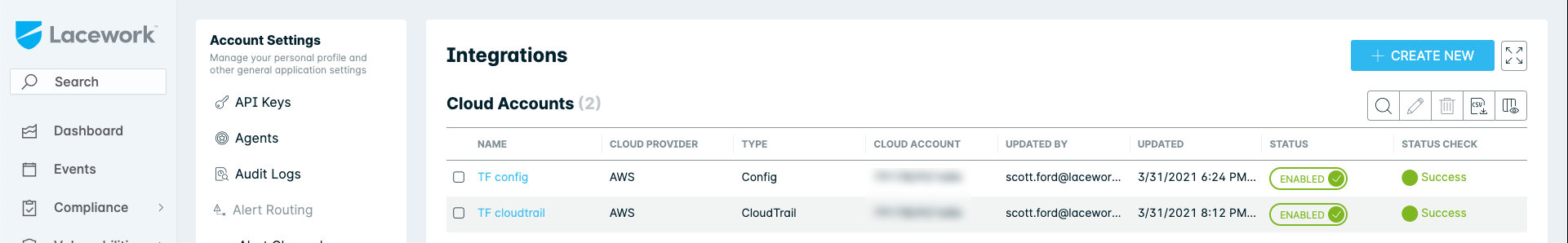 An image showing an AWS Config and CloudTrailintegration in the Lacework Console