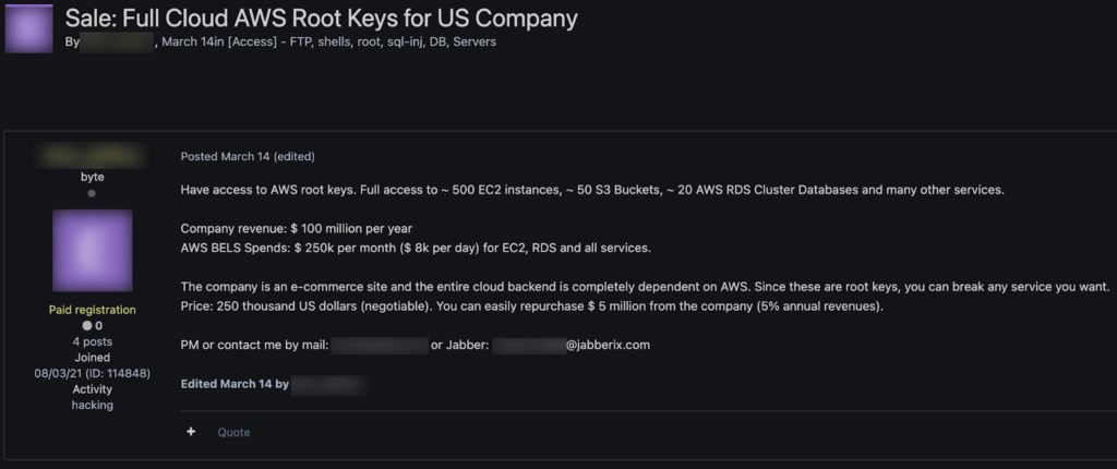 Marketplace listing for corporate AWS root keys from Exploit.in